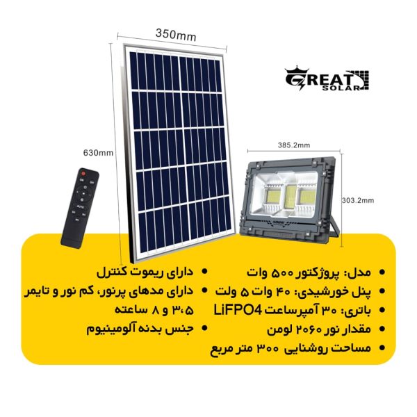 پروژکتور خورشیدی 500 وات گریت سولار Greatsolar